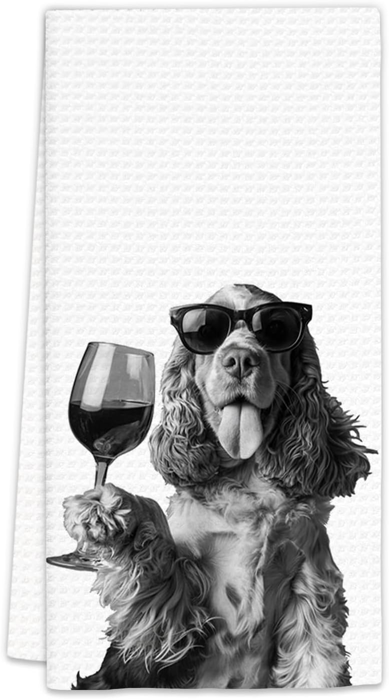 FIicy Cocker Spaniel Gifts Wine Dog Kitchen Towels, Gifts for Cocker Spaniel Dog Wine Lovers Decorative Hand Dish Towel for Kitchen Home Bar,Funny CockerSpaniel Dogs Home Bar Kitchens Decor(16x24Inch) - Image 1
